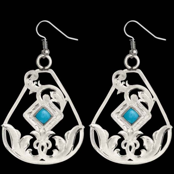 The Morning Glory earrings eminate Southern Class & Style. Crafted with German Silver, hand engraved scrolls and detailed with a beautiful turquoise stone in the center. 1.5"" x 1.75""

 Browse more Western Jewelry by clicking Cu